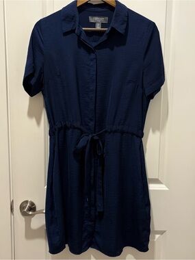 Navy Short-Sleeve Button-Front Tie-Waist Shirt Dress